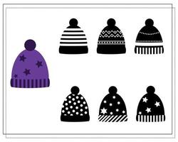 A logical game for children. find the right shade, a winter purple hat with stars. vector