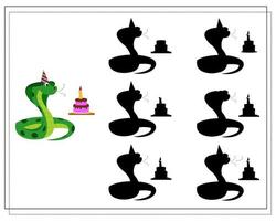 A logical game for children, find the right shadow. cute cartoon snake, birthday vector