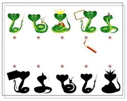 A logical game for children Find the right shadow . cute cartoon snake, vector