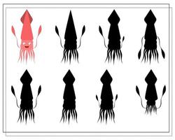 Puzzle game for kids find the right shadow. Choose a shade for the sea creatures, cartoon squid. vector