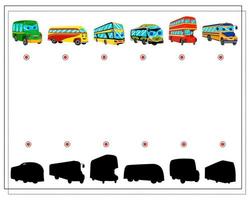 a game for children. find the right shadow. city transport, cartoon buses with eyes and a smile, red, yellow and green colors vector