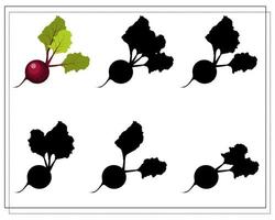 puzzle game for kids find the right shadow, beetroot vector