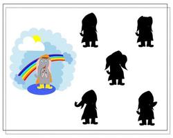 game for kids find the right shadow, a cute cartoon elephant stands near the rainbow vector