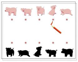 A logic game for kids find the right shadow, piggy. vector