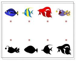 puzzle game for kids find the right shadow, sea fish vector