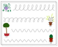 A handwriting learning game for kids, point to point. Cute cartoon kawaii flower pots vector