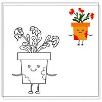 Coloring book for children. Paint a cute cartoon flower in a pot based on the drawing vector