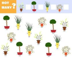 Math game for kids count how many items. Count how many cute cartoon flowers are in pots. vector