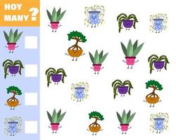 Math game for kids count how many items. Count how many cute cartoon flowers are in pots. vector