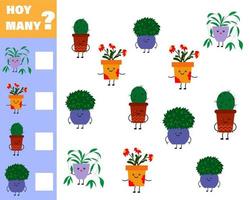 Math game for kids count how many items. Count how many cute cartoon flowers are in pots. vector