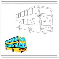 A cartoon double decker bus coloring book with big windows with eyes and a smile. Sketch and color version. vector