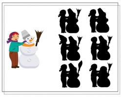 Puzzle game for kids find the right shadow, cute cartoon kids are making a snowman vector