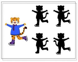 a game for children find the right shadow, a cartoon tiger on skates vector