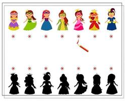 El juego de lógica infantil encuentra la sombra correcta. lindas princesas de dibujos animados con disfraces. vector