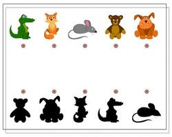 A game for kids, find the right shade for the cartoon animals. Crocodile cat mouse bear dog. vector