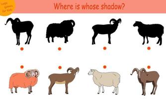 A puzzle game for kids, find the right shadow. pick up the shadow of the farm animals. sheep ram mountain goat vector