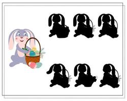 Children's logic game find the right shadow. A hare with a basket of Easter eggs. vector