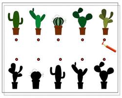 a puzzle game for preschool children. find the right shadow. Cacti vector