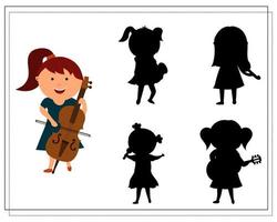 A logical game for children to find the right shadow. children are musicians vector