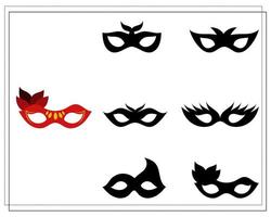 children's logic game find the right shadow. Masquerade masks vector