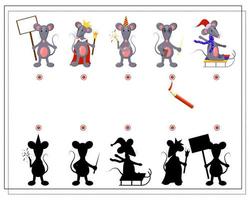 A puzzle game for children, find the right shadow for a cartoon rat. vector