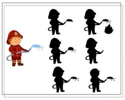 A logic game for kids find the right shadow, a firefighter extinguishes a fire. vector