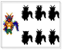 A logical game for children. Find the right shadow. A tiger in a Chinese dragon costume, vector