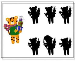 A logical game for children. Find the right shadow. A tiger in a Santa costume makes a snowman. vector