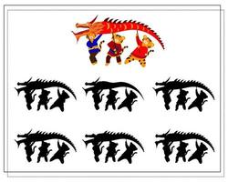 A logical game for children. Find the right shadow. Tigers carry a Chinese dragon vector