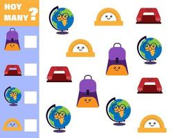 Math game for kids count how many items. Count how many cute cartoon school subjects vector