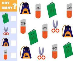 Math game for kids count how many items. Count how many cute cartoon school subjects vector