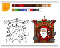 un libro para colorear para niños, una chimenea decorada para navidad y santa se cayó de la chimenea. vector