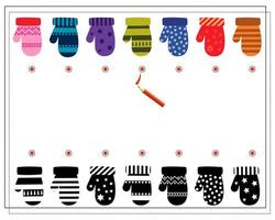 A logical game for children. find the right shade, mittens with ornaments vector