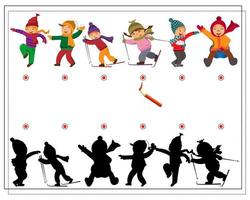 A logic game for kids find the right shadow, cute cartoon kids play snowballs, make a snowman. vector