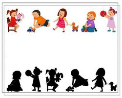 Children's logic game find the right shadow. Cute cartoon kids playing with toys. vector