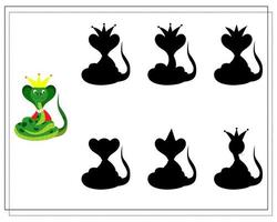 A logical game for children, find the right shadow. cute cartoon snake in a crown vector