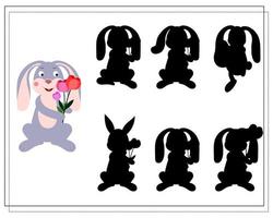 Children's logic game find the right shadow. A hare with flowers vector