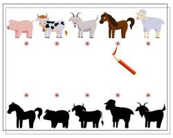 un juego de lógica para que los niños encuentren la sombra adecuada. encontrar sombra para lindos animales de granja vector