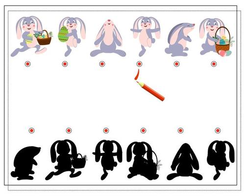 Children's logic game find the right shadow. A hare with a basket of Easter eggs, a hare with flowers