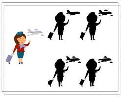 A logic game for kids find the right shadow, a flight attendant and an airplane vector