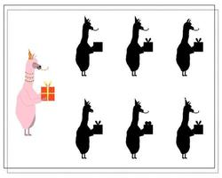 A logical game for children, Find the right shadow. cute cartoon llama with a gift, birthday vector