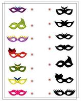 children's logic game find the right shadow. Masquerade masks vector