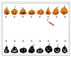 find the right shadow, halloween pumpkins with different faces, vector