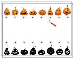 encuentra la sombra correcta, calabazas de halloween con diferentes caras, vector