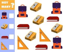 Math game for kids count how many items. Count how many cute cartoon school subjects vector