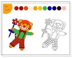 libro para colorear para niños por colores. payaso tigre en el circo, vector