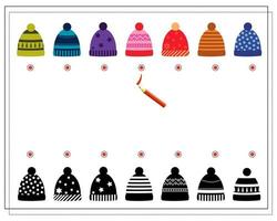 un juego de lógica para los niños. encuentra el tono adecuado, sombreros de invierno con diferentes estampados. vector