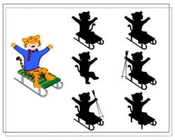 a game for children find the right shadow, a cartoon tiger on a sled, vector