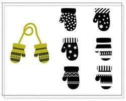 A logical game for children. find the right shade, green mittens with an ornament vector