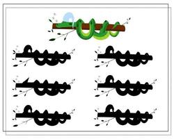 un juego de lógica para niños, encuentra la sombra correcta. linda serpiente de dibujos animados durmiendo en un árbol, vector